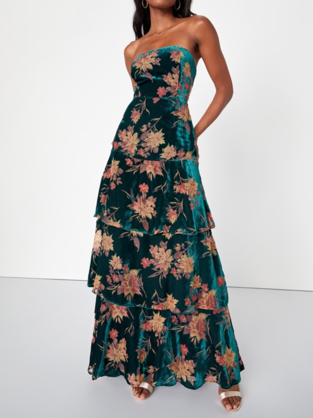 Lulus Real Allure Emerald Floral Burnout Velvet Strapless Maxi Dress Green